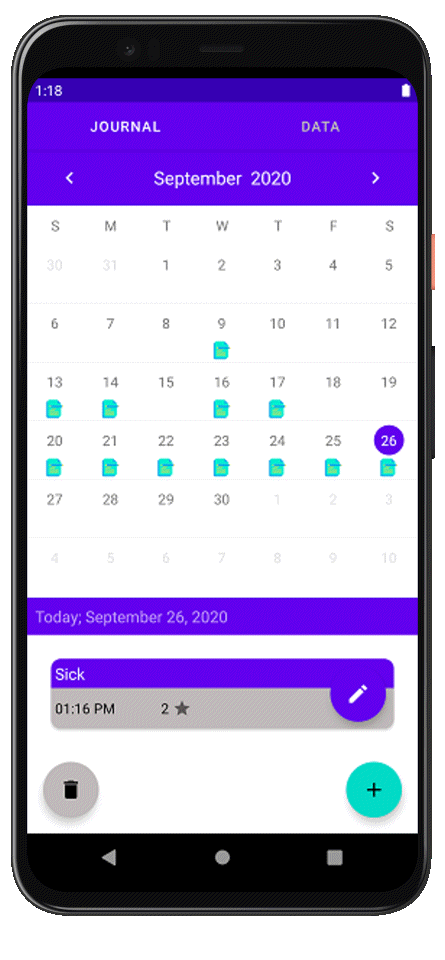 MyJournal app screens showing journal entries and charts
